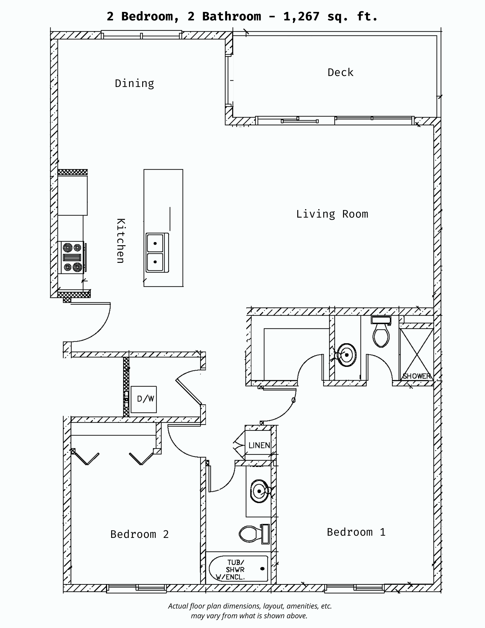 Floor plan for 2 beds, 2 baths, 1298 sqft